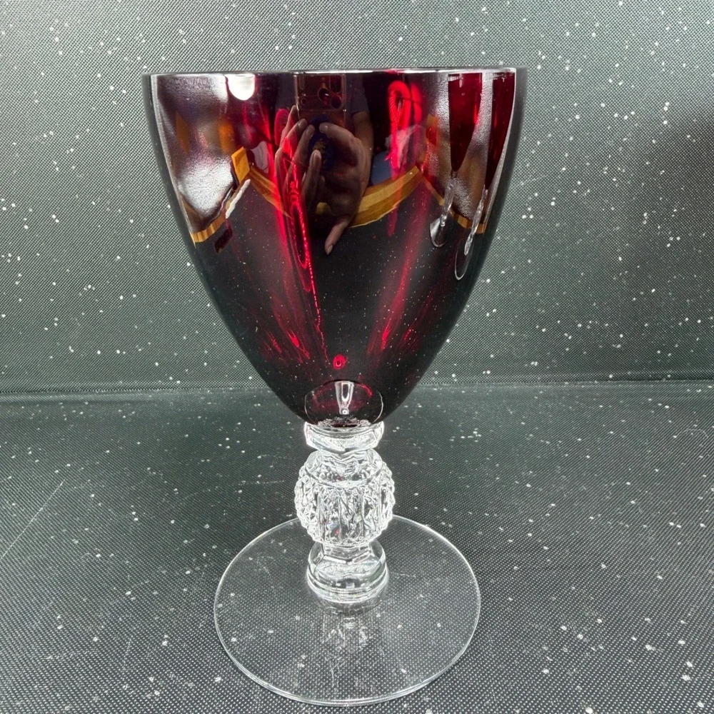 Morgantown Golf Ball Ruby Red Water Goblets Clear Stem Vintage Glassware Set 2